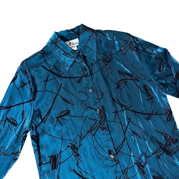 Womens Teal Shirt Iridescent Abstract Blouse NTouch Shoulder Pads Large Buttons - Picture 1 of 9